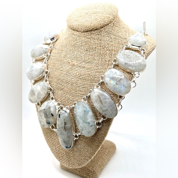 Oval Shape Rainbow Moonstone Necklace - Picture 6 of 12